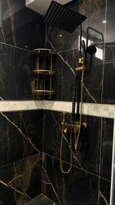 a shower in a bathroom with a black marble wall at Villa luxueuse in Tipaza +12 photos
