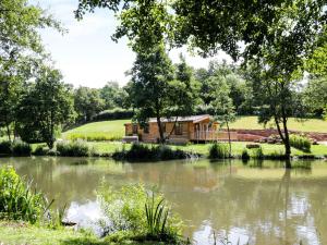 a cabin next to a lake with trees at Skylark in Ross on Wye