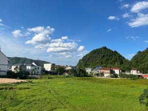 a green field with houses and mountains in the background at An Binh Homestay in Phong Nha
