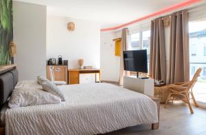 a bedroom with a bed and a flat screen tv at Suite Aracari, clim, balneo, terrasse - Parc des Oiseaux in Villars-les-Dombes