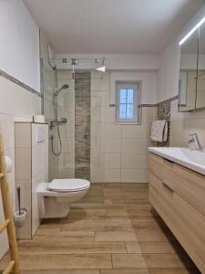 a bathroom with a shower toilet and a sink at Alpenhof Wängle in Reutte +44 photos