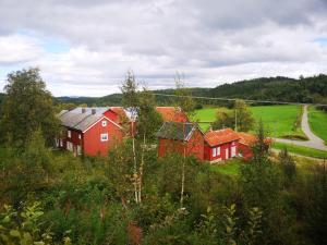 a group of red houses in a field at Lægran Gård in Steinkjer