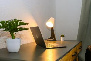a laptop computer sitting on a desk with a lamp at Stilvolles Apartment im Bochumer Stadtkern in Bochum +33 photos