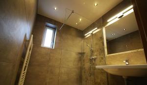 a bathroom with a sink and a shower and a mirror at Apartments Luidold in Schladming