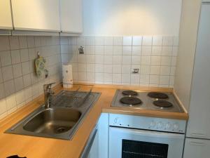 a kitchen with a sink and a stove at App_ an der Seepromenade _ Mittels in Malente +5 photos