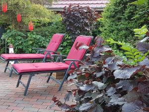 two chairs with red cushions sitting in a garden at Wattliebe Burhave in Burhave