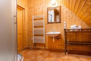 a wooden bathroom with a sink and a mirror at Apartmány Chalupa u Floriánka in Dolní Morava +25 photos