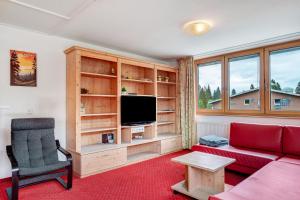 a living room with a couch and a tv at Wohnung direkt an der Skipiste in Feldberg