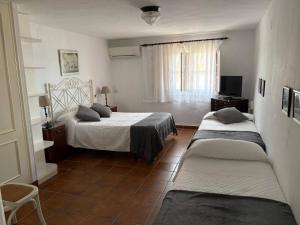 a bedroom with two beds and a television in it at Cortijo Amaya in Torrox Costa +55 photos