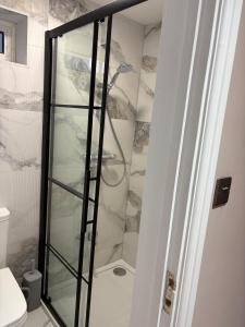 a shower with a glass door in a bathroom at Kennington house #30 in Oxford +17 photos