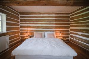 a bedroom with a bed in a wooden wall at Roubenka Bohéma in Verneřice +53 photos