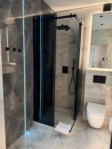 a bathroom with a glass shower with a toilet at CENTRAL Park in Vinnytsya