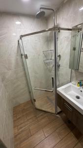 a shower with a glass door next to a sink at M&N apartments in Yerevan +13 photos