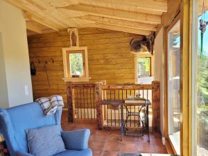 a porch of a log cabin with a blue couch at Ferienhaus Rasselbock in Waltershausen