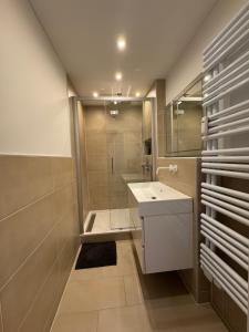 a bathroom with a sink and a shower at Ferienwohnung Bernhard in Wermelskirchen +9 photos