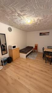 ein Wohnzimmer mit einem Bett und einem Tisch in der Unterkunft Große Monteurunterkunft Wulzeshofen in Wulzeshofen