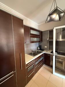 a kitchen with dark wood cabinets and a sink at Spiranca Cityview Residence in Tirana +29 photos
