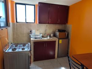 a small kitchen with a stove and a sink at Hostal Terranova Quitumbe in Quito