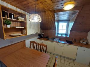 a kitchen with a table and a dining room at Terme Olimia - Apartment Lipa 112 in Podčetrtek