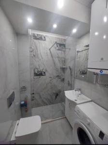 a white bathroom with a shower and a washing machine at Jana apartment 3 in Tivat +7 photos