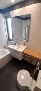a bathroom with a sink and a toilet and a mirror at Apartamento Playa in Burela de Cabo +15 photos