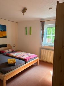 a bedroom with a bed and a window at Gemütliche 3-Zimmer-Wohnung mit Kupfertalblick in Forchtenberg