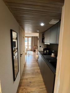 a kitchen with a cat walking down a hallway at Studio Auron 4 couchages in Saint-Étienne-de-Tinée