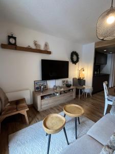 a living room with a couch and a tv at Studio Auron 4 couchages in Saint-Étienne-de-Tinée +4 photos