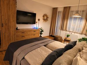 a bedroom with a large bed and a flat screen tv at Forest Apartment Gosau in Gosau