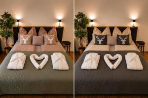 two pictures of a bed with two hearts made out of towels at Forest Apartment Gosau in Gosau
