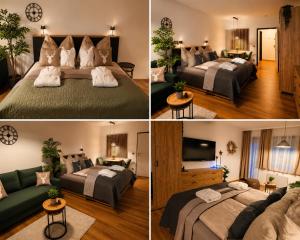 four pictures of a bedroom with two beds and a tv at Forest Apartment Gosau in Gosau