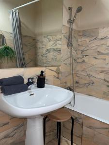 a bathroom with a sink and a shower and a tub at Le Cocon Cornouaillais, hyper centre, parking pv in Quimper +16 photos