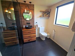 a bathroom with a toilet and a sink and a mirror at Luxe Tiny Home in Whangarei +6 photos