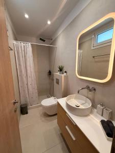 a bathroom with a sink and a toilet and a mirror at Notos Blue in Tsoutsouros +16 photos