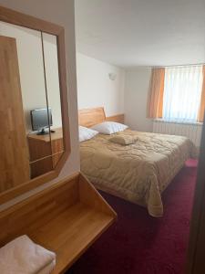 a small bedroom with a bed and a mirror at Hotel Finida in Obrov