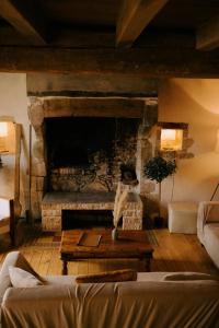 a living room with a couch and a fireplace at Le Refuge Bourguignon in Nuits-Saint-Georges