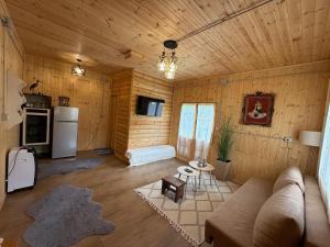 a living room with a couch and a refrigerator at Shpija Ujevara e Vogel 2 in Theth