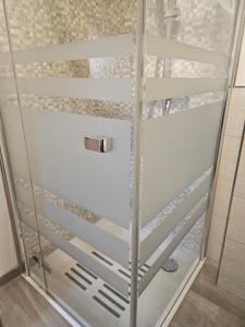 a glass door with a metal handle in a room at Ferienwohnung Edelmann in Markersbach