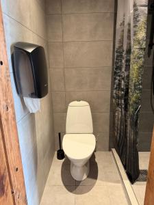 a bathroom with a toilet and a tv on the wall at Svensson's Log Cabins in Osby +99 photos