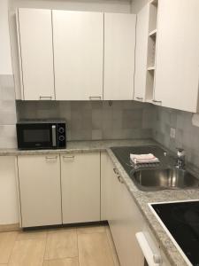 a kitchen with white cabinets and a sink and a microwave at Ascona Principessa Apt 3 in Ascona