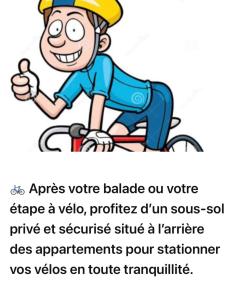 a cartoon of a man sitting on a bike at Les Cerisiers - Une escale comme à la maison - in Damparis