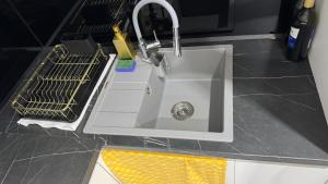 a kitchen sink with a faucet and two drying racks at Apartmán Noel in Soľ +6 photos