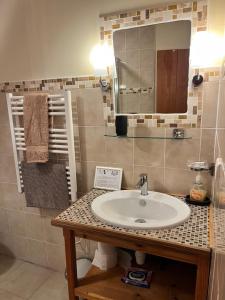 a bathroom with a sink and a mirror at Chez Jallot - Lower Gite in Vidaillat