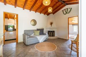a living room with a couch and a fireplace at Pnoes Suites Apartments in Skiathos +93 photos