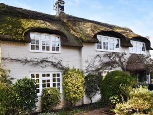 a thatched roof house with white windows and bushes at Starboard Cottage in Winterton-on-Sea