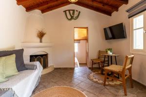 a living room with a couch and a fireplace at Pnoes Suites Apartments in Skiathos