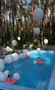 a pool with three rubber swans in the water at Заміський комплекс Lisovi Polyany in Novosëlovka