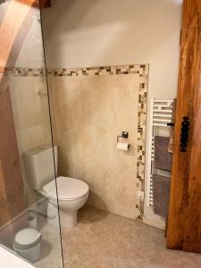 a bathroom with a toilet and a glass shower at Chez Jallot - Upper Gite in Vidaillat +25 photos