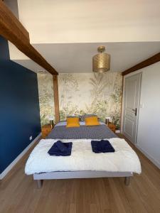 a bedroom with a large bed with blue and yellow pillows at Vue incroyable Loire et Chateau in Amboise