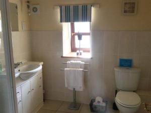 a bathroom with a toilet and a sink and a window at The Brae Steading in Fordyce